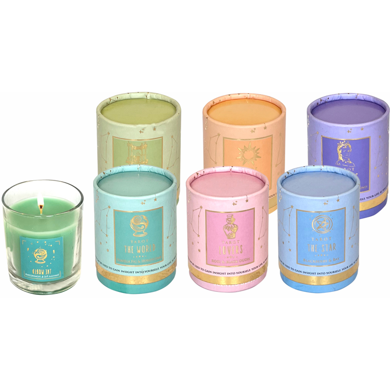 Vela aromática colección Tarot en porta vela de vidrio 120grs.