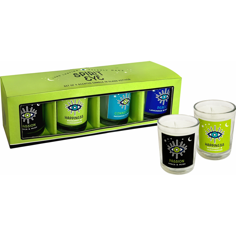 Vela aromática colección Spirit Eye en porta vela de vidrio 50grs. en caja x4
