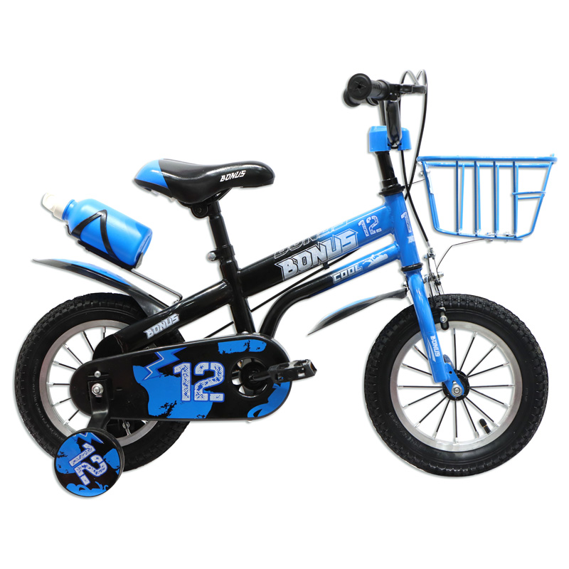 Bicicleta Bonus® Cool rodado 12" con botella, ruedas estabilizadoras, cubre cadena y canasto de metal