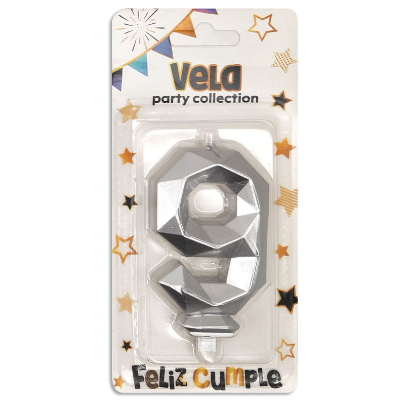 Vela de cumpleaños facetada Silver Nº9
