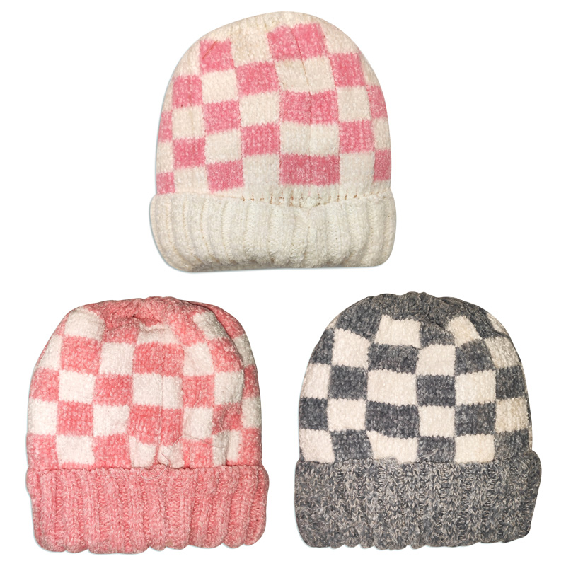 Gorro infantil de chenille cuadros con forro de piel