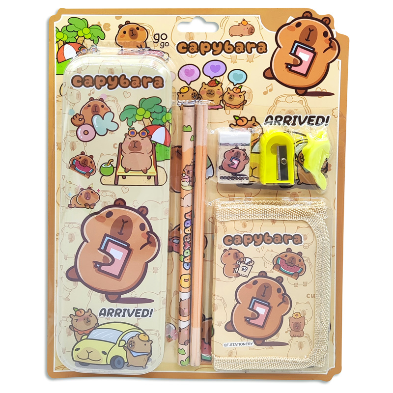 Set escolar 7pzas. Capybara con billetera y cartuchera de metal