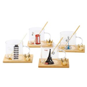 Tazón de vidrio City con cuchara y base de madera