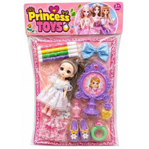 Muñeca con accesorios y marcadores en bolsa