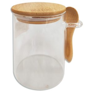 Frasco de vidrio cilíndrico con cuchara y tapa de madera