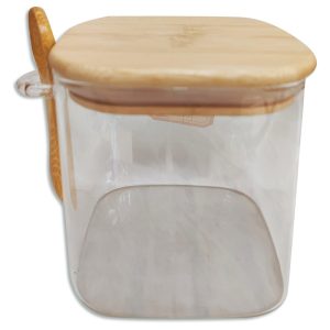 Frasco de vidrio cuadrado con cuchara y tapa de madera