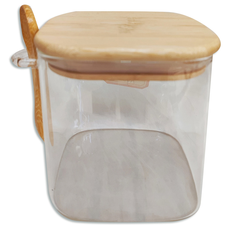 Frasco de vidrio cuadrado con cuchara y tapa de madera