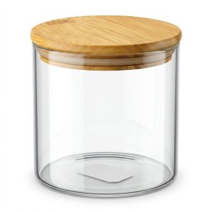 Frasco de vidrio cilíndrico con tapa de madera