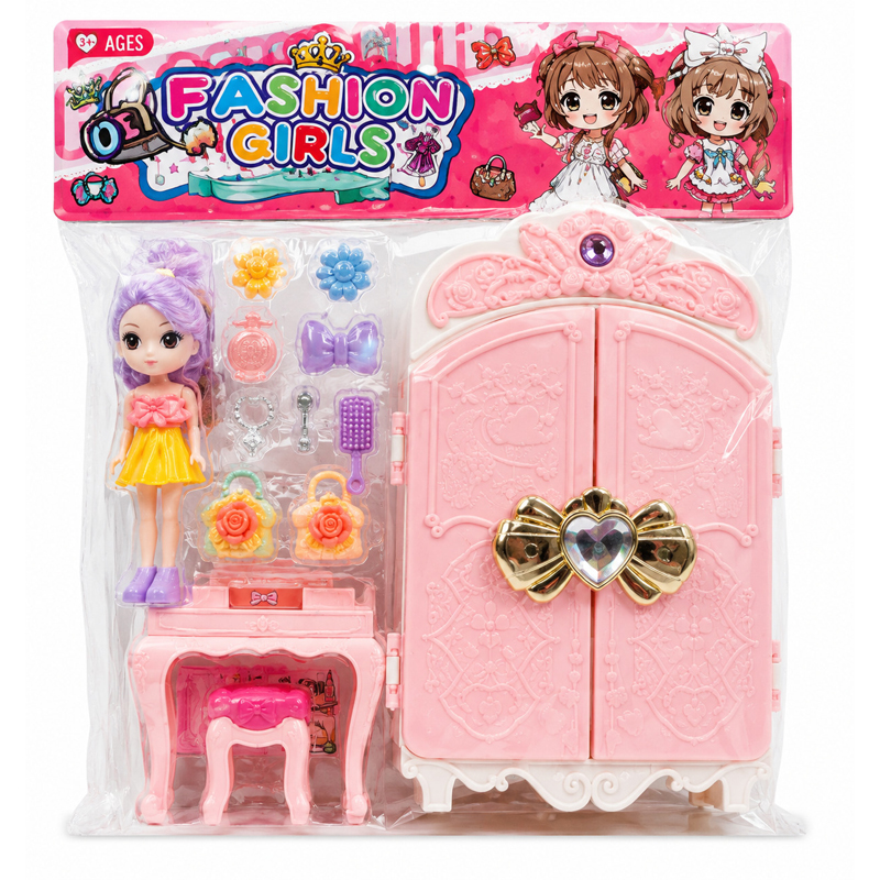 Muñeca Fashion Girls con dressuar y ropero en bolsa