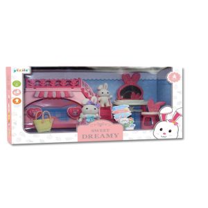 Coneja con conejito con accesorios en caja con ventana