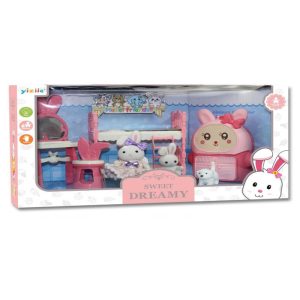 Coneja con conejito y mascota con dormitorio en caja con ventana