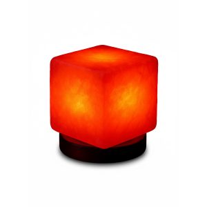 Lámpara de sal del Himalaya Namasté® cúbica de sal blanca con luz led multicolor, base de madera y conexión USB