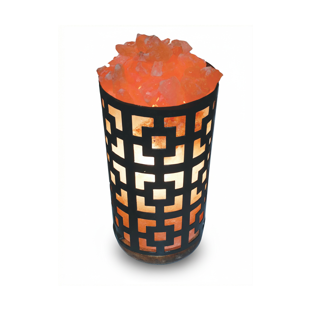Lámpara de sal del Himalaya Namasté® en rocas en recipiente de metal calado con base de madera
