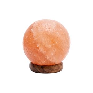 Lámpara de sal del Himalaya Namasté® esférica con base de madera, lámpara tubular, regulador de intensidad y conexión 220V