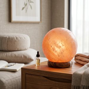 Alternative view of Lámpara de sal del Himalaya Namasté® esférica con base de madera, lámpara tubular, regulador de intensidad y conexión 220V
