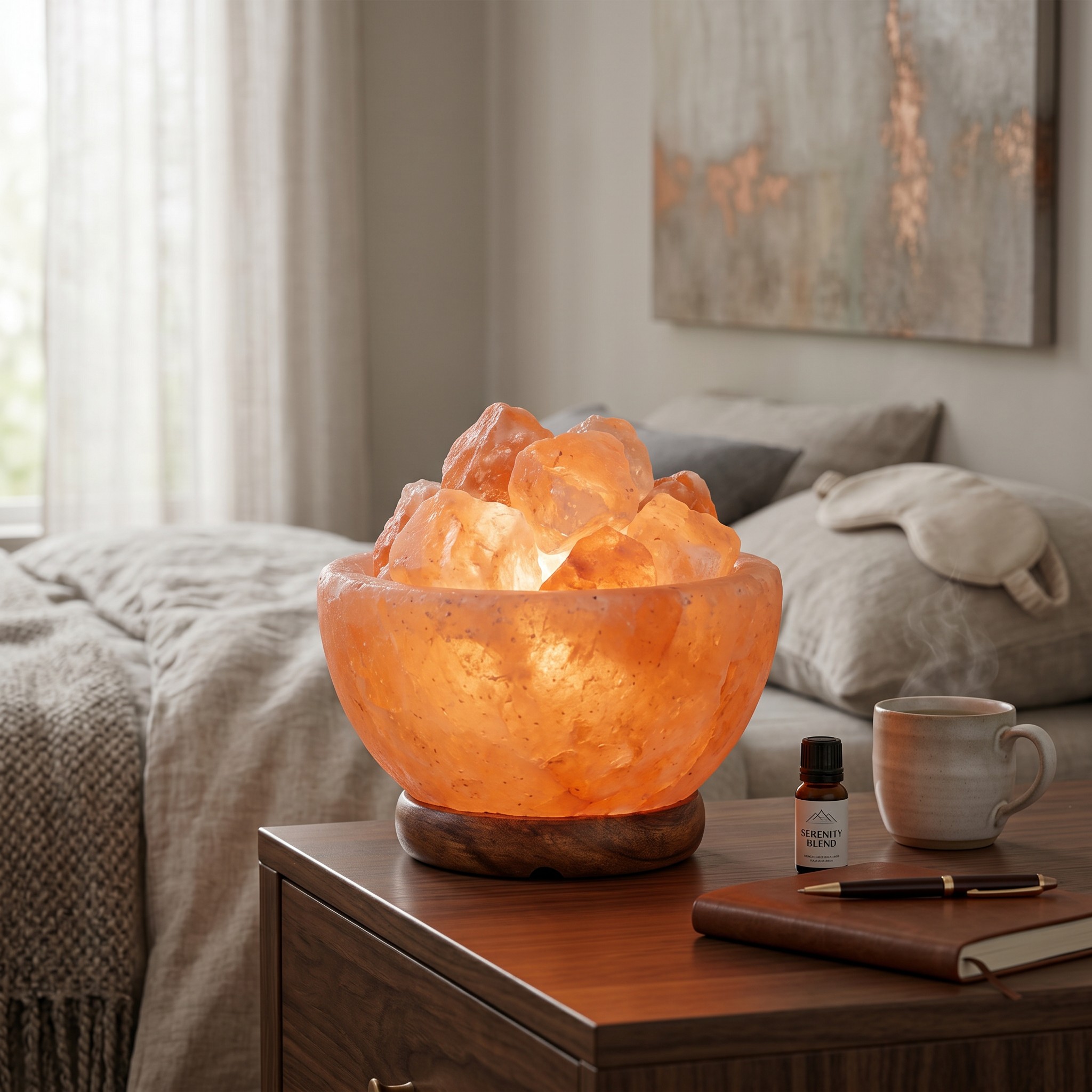 Lámpara de sal del Himalaya Namasté® en rocas con recipiente de sal con base de madera, lámpara tubular, regulador de intensidad - Imagen 2