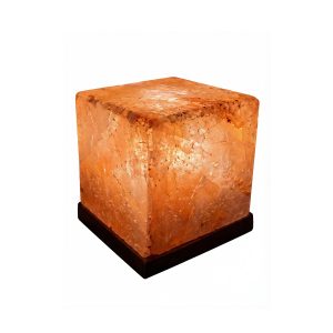 Lámpara de sal del Himalaya Namasté® cubo con base de madera, lámpara tubular, regulador de intensidad y conexión 220V
