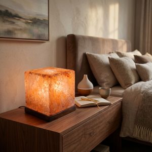Alternative view of Lámpara de sal del Himalaya Namasté® cubo con base de madera, lámpara tubular, regulador de intensidad y conexión 220V