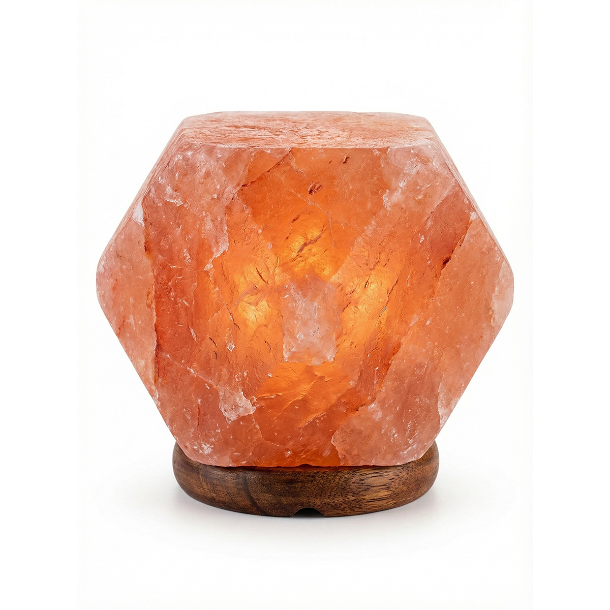 Lámpara de sal del Himalaya Namasté® facetada con base de madera, lámpara tubular, regulador de intensidad y conexión 220V