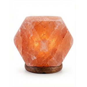 Lámpara de sal del Himalaya Namasté® facetada con base de madera, lámpara tubular, regulador de intensidad y conexión 220V