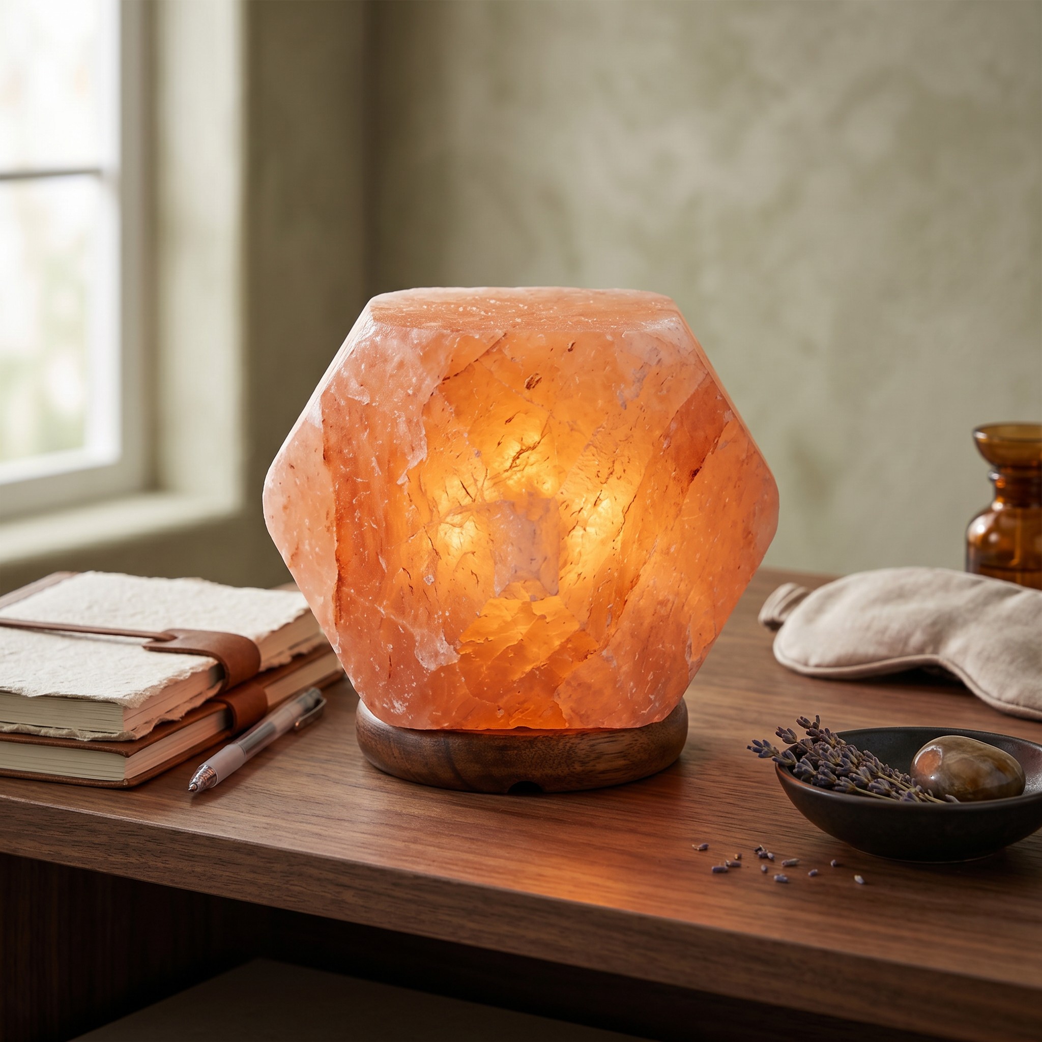 Lámpara de sal del Himalaya Namasté® facetada con base de madera, lámpara tubular, regulador de intensidad y conexión 220V - Imagen 2