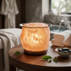 Alternative view of Lámpara de sal del Himalaya Namasté® Línea Aromaterapia porta vela con plato de vidrio y base de madera